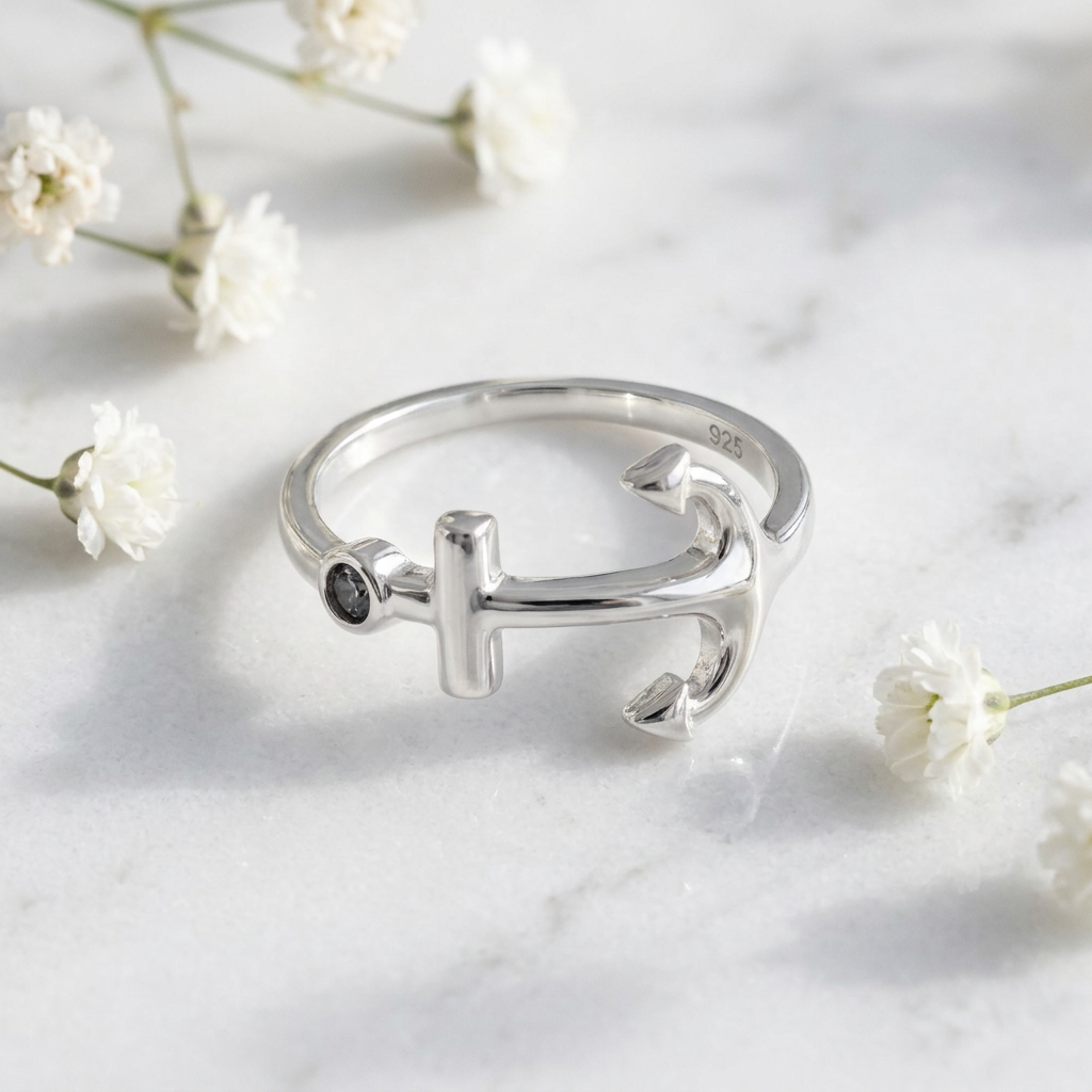 Sterling Silver 1.2mm Sideways Anchor Nautical Ring for Women life1