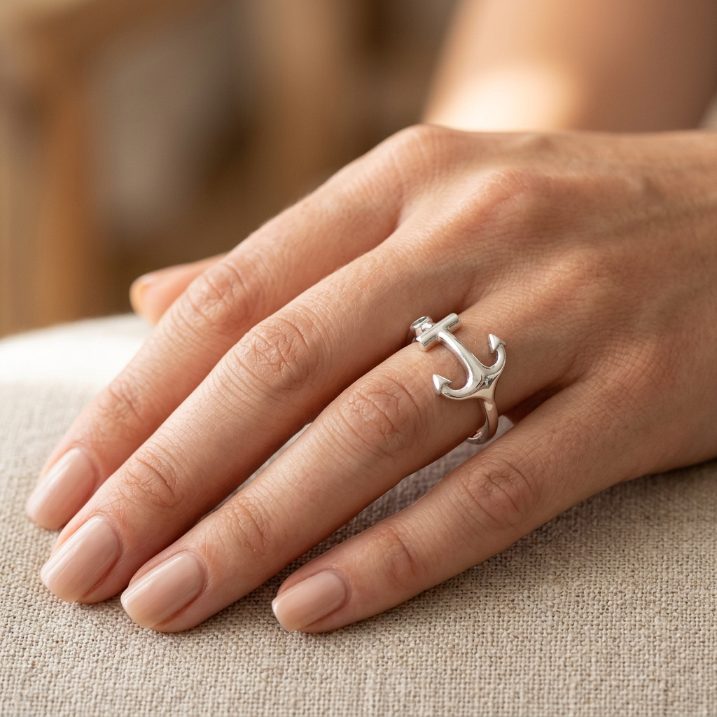 Sterling Silver 1.2mm Sideways Anchor Nautical Ring for Women model