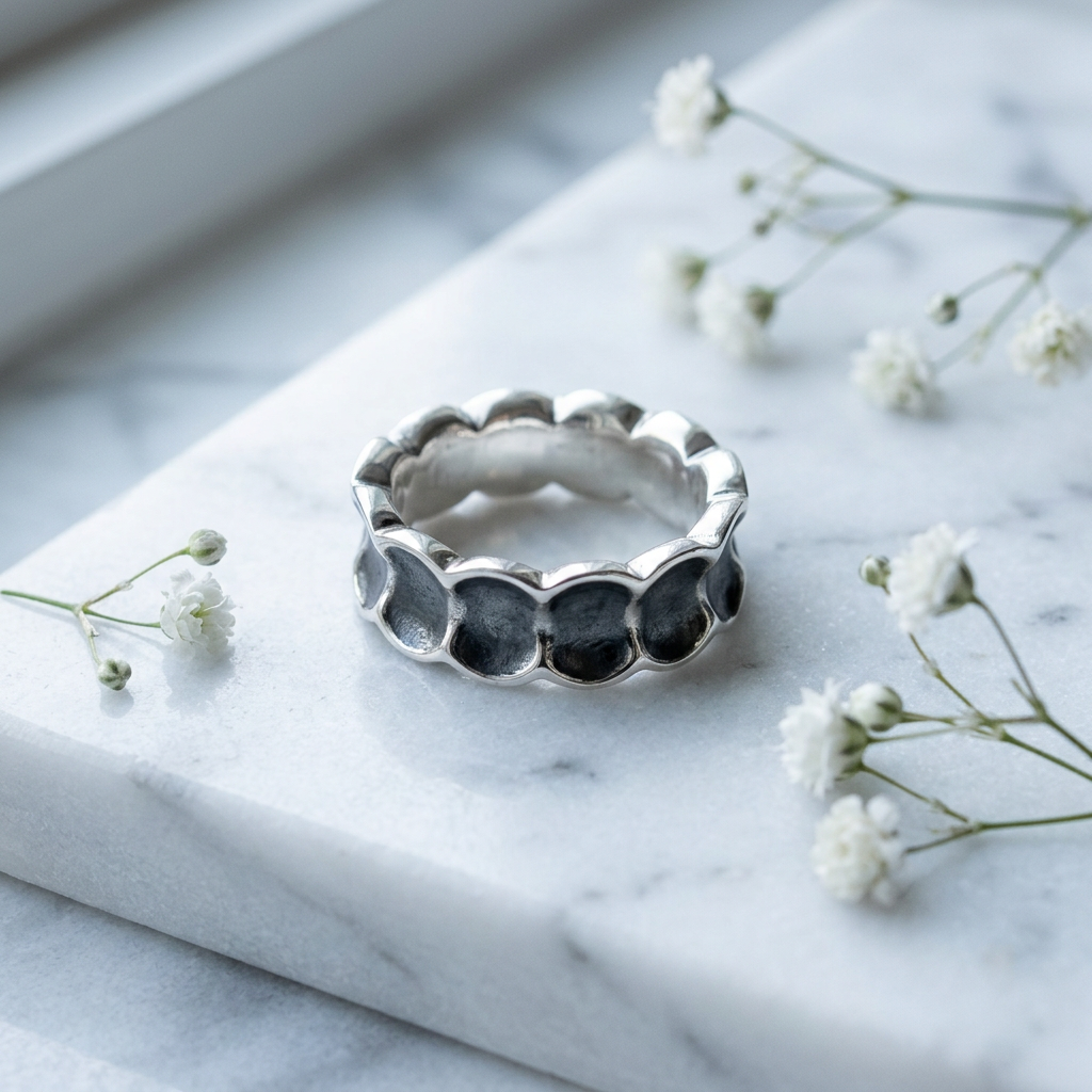 Sterling Silver 7.65mm Oxidized Scalloped Concave Band Ring for Women life1