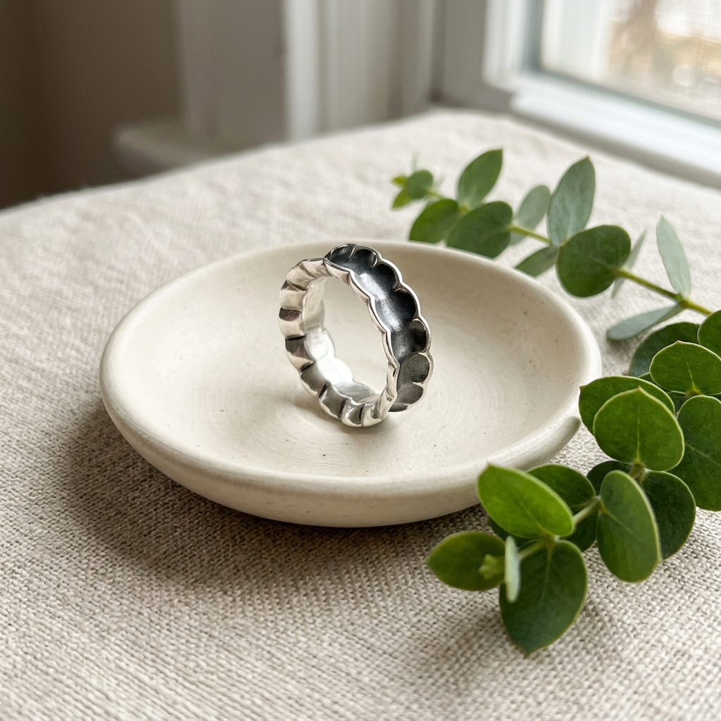 Sterling Silver 7.65mm Oxidized Scalloped Concave Band Ring for Women life2