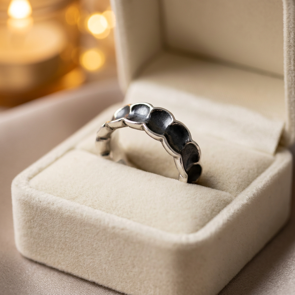 Sterling Silver 7.65mm Oxidized Scalloped Concave Band Ring for Women life3