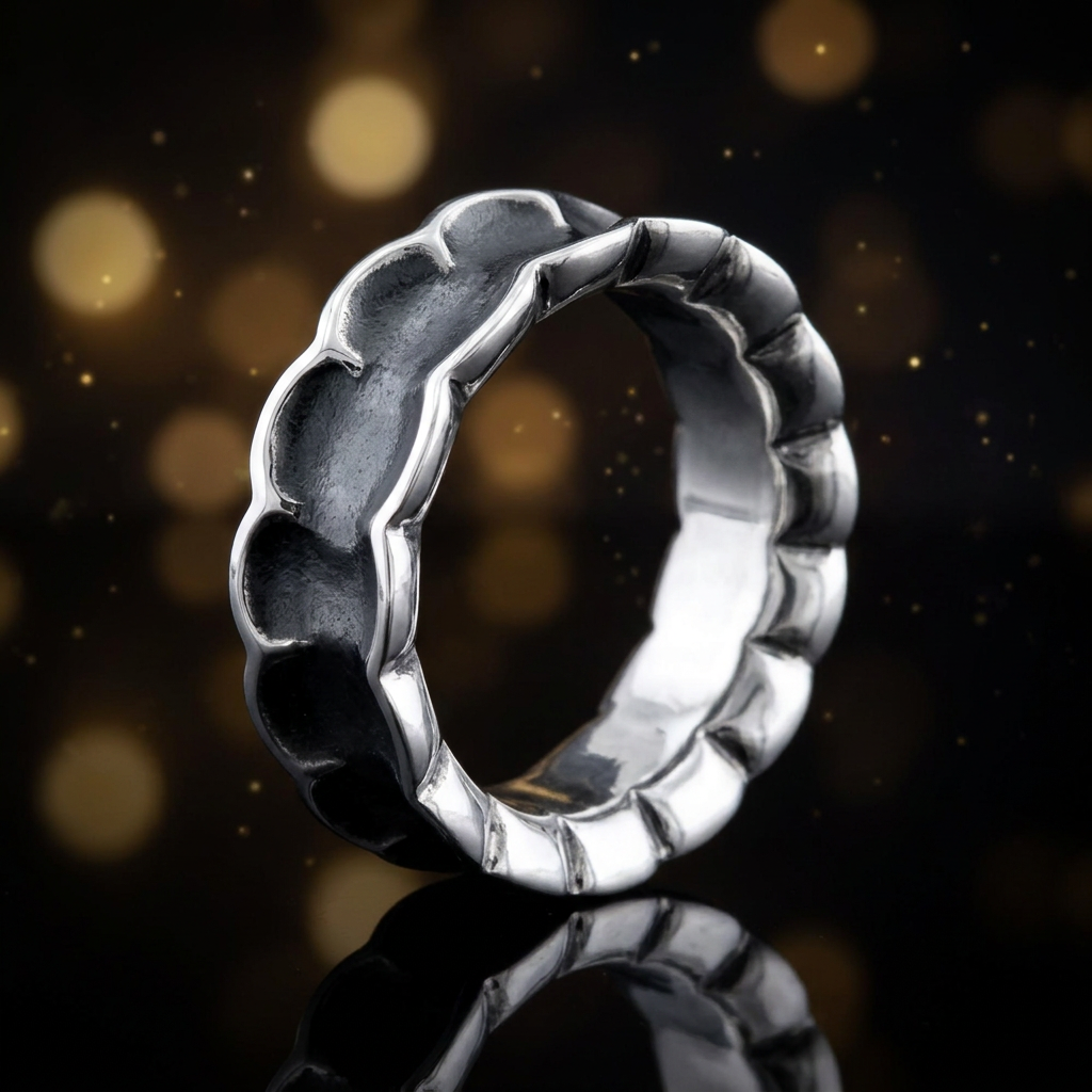 Sterling Silver 7.65mm Oxidized Scalloped Concave Band Ring for Women life4