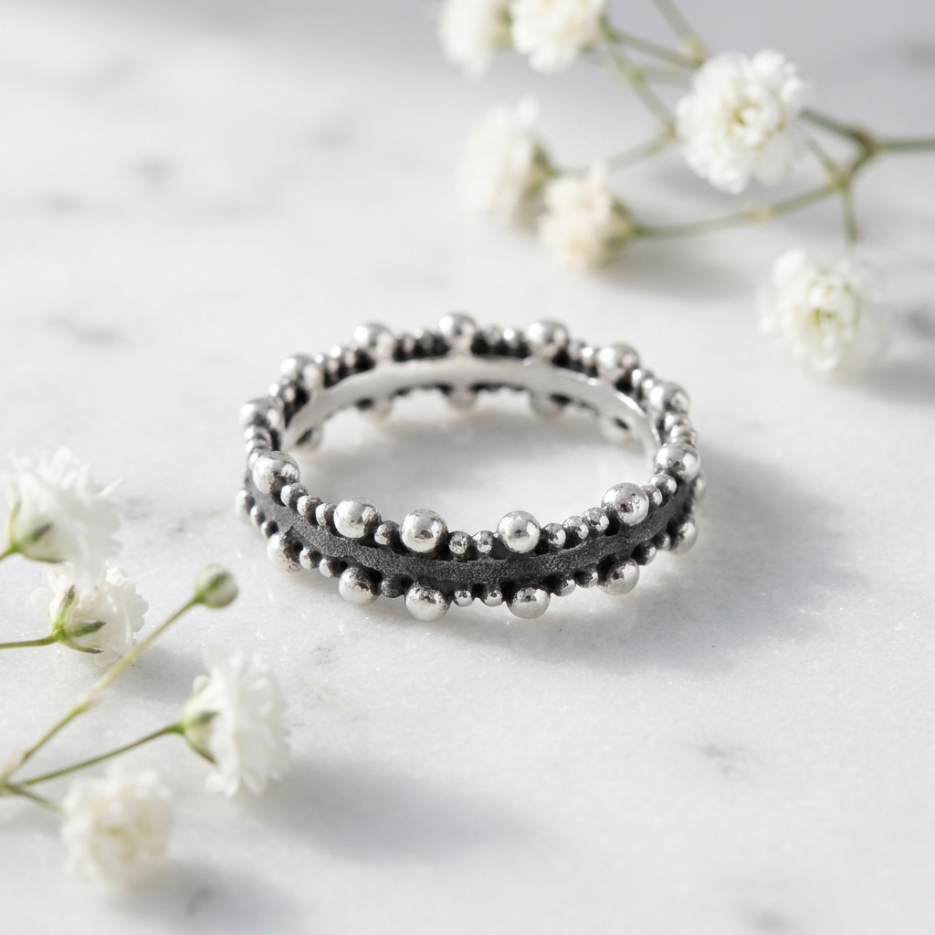 Sterling Silver 5.19mm Oxidized Pebble Bead Edge Band Ring for Women life1