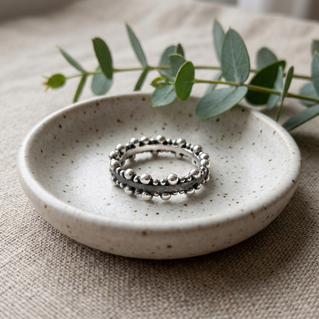 Sterling Silver 5.19mm Oxidized Pebble Bead Edge Band Ring for Women life2