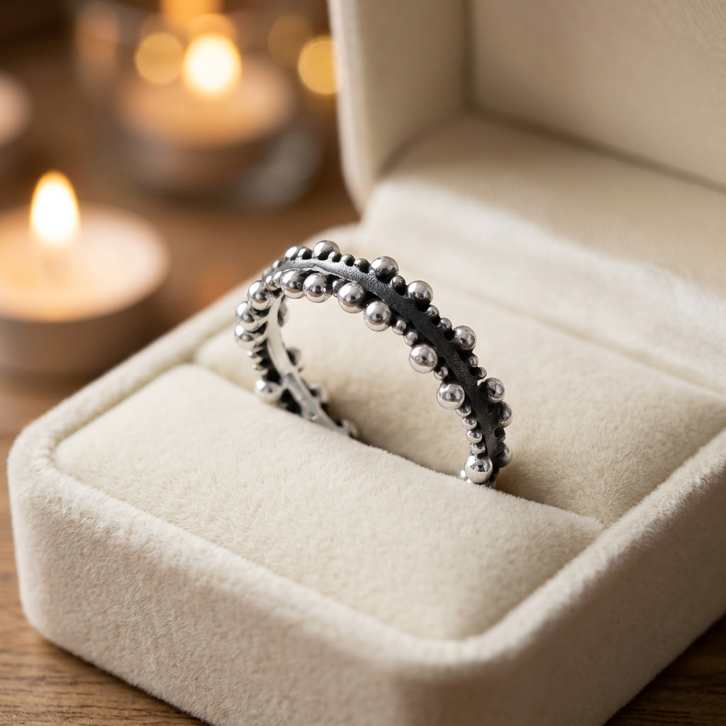 Sterling Silver 5.19mm Oxidized Pebble Bead Edge Band Ring for Women life3
