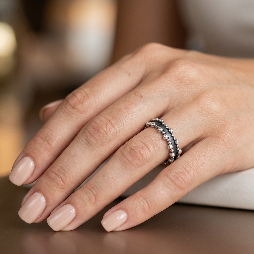 Sterling Silver 5.19mm Oxidized Pebble Bead Edge Band Ring for Women model