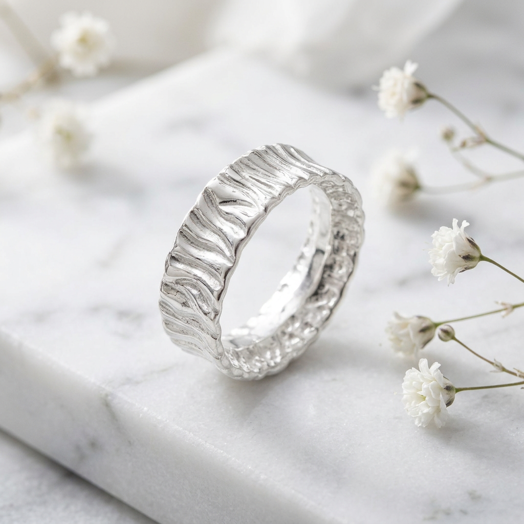 Sterling Silver 6.21mm Wood Grain Bark Texture Band Ring for Women life1