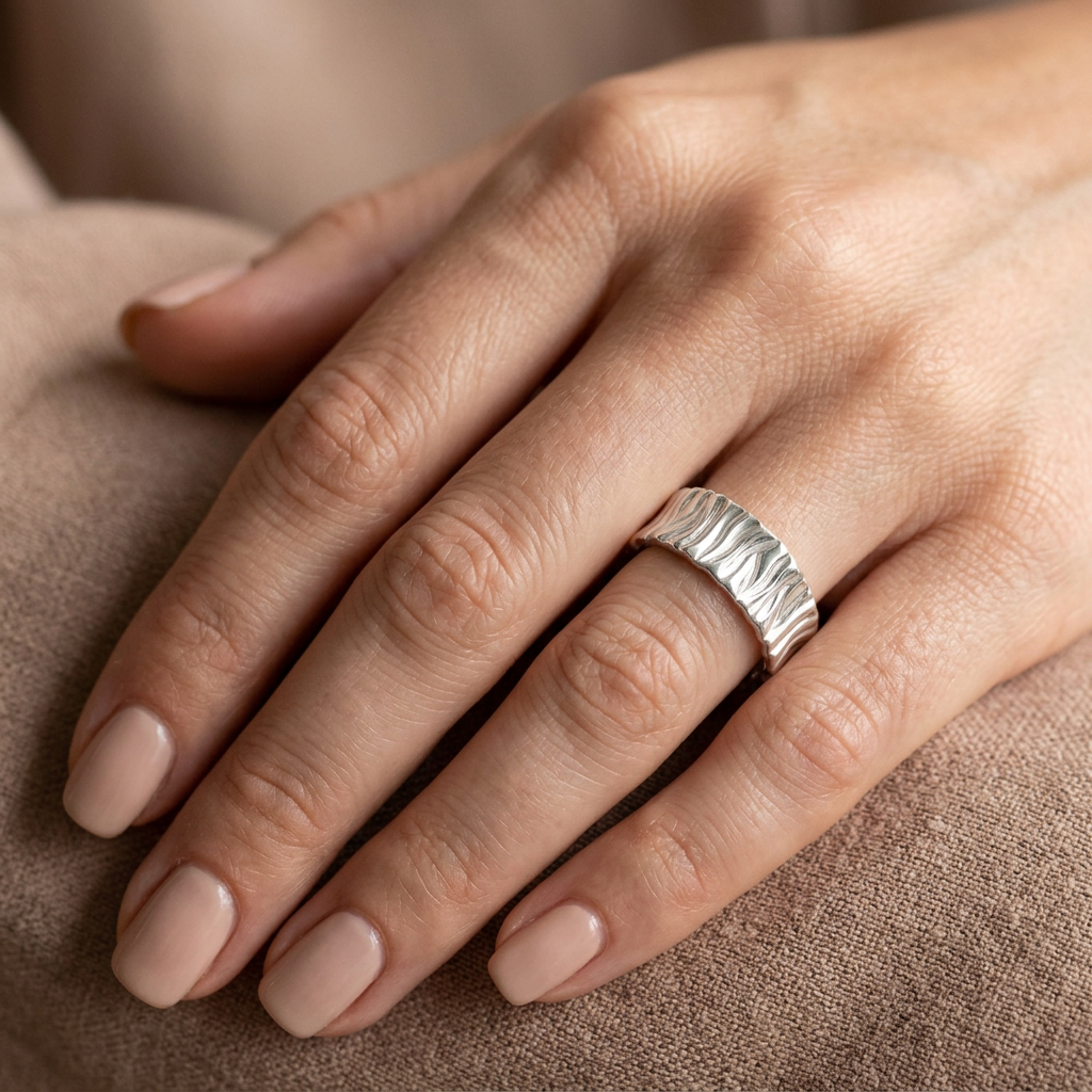 Sterling Silver 6.21mm Wood Grain Bark Texture Band Ring for Women model