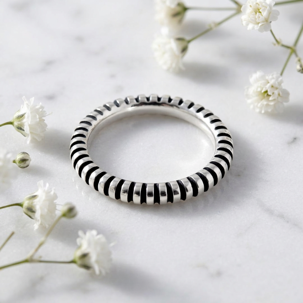 Sterling Silver 2.66mm Oxidized Ribbed Stripe Stacking Band Ring for Women life1