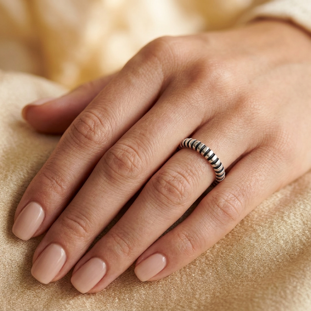 Sterling Silver 2.66mm Oxidized Ribbed Stripe Stacking Band Ring for Women model