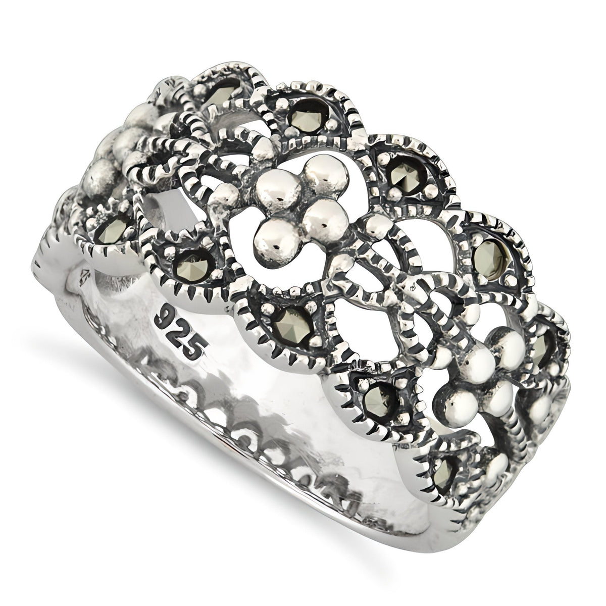 Sterling Silver 11mm Marcasite Openwork Lace Flower Cluster Wide Band Ring for Women