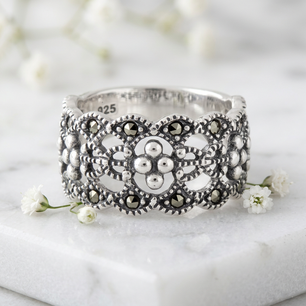 Sterling Silver 11mm Marcasite Openwork Lace Flower Cluster Wide Band Ring for Women life1