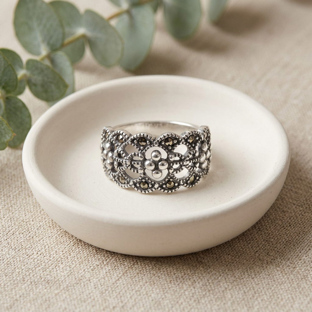 Sterling Silver 11mm Marcasite Openwork Lace Flower Cluster Wide Band Ring for Women life2