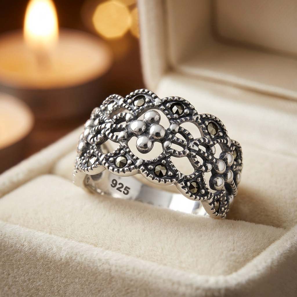 Sterling Silver 11mm Marcasite Openwork Lace Flower Cluster Wide Band Ring for Women life3