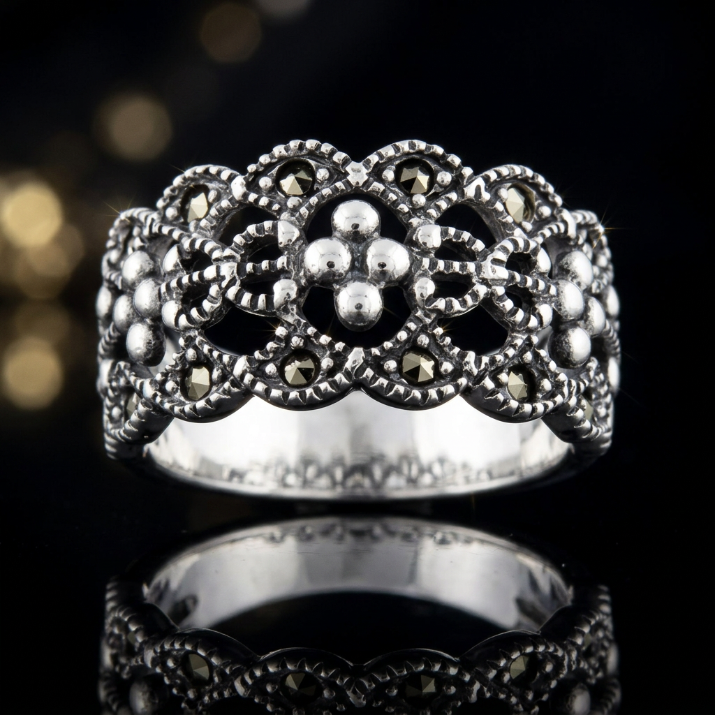 Sterling Silver 11mm Marcasite Openwork Lace Flower Cluster Wide Band Ring for Women life4