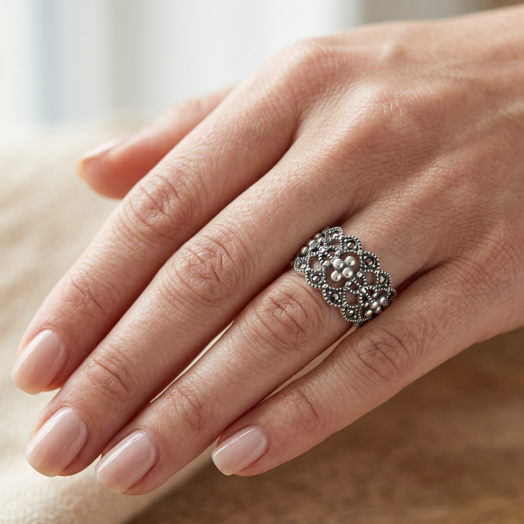 Sterling Silver 11mm Marcasite Openwork Lace Flower Cluster Wide Band Ring for Women model