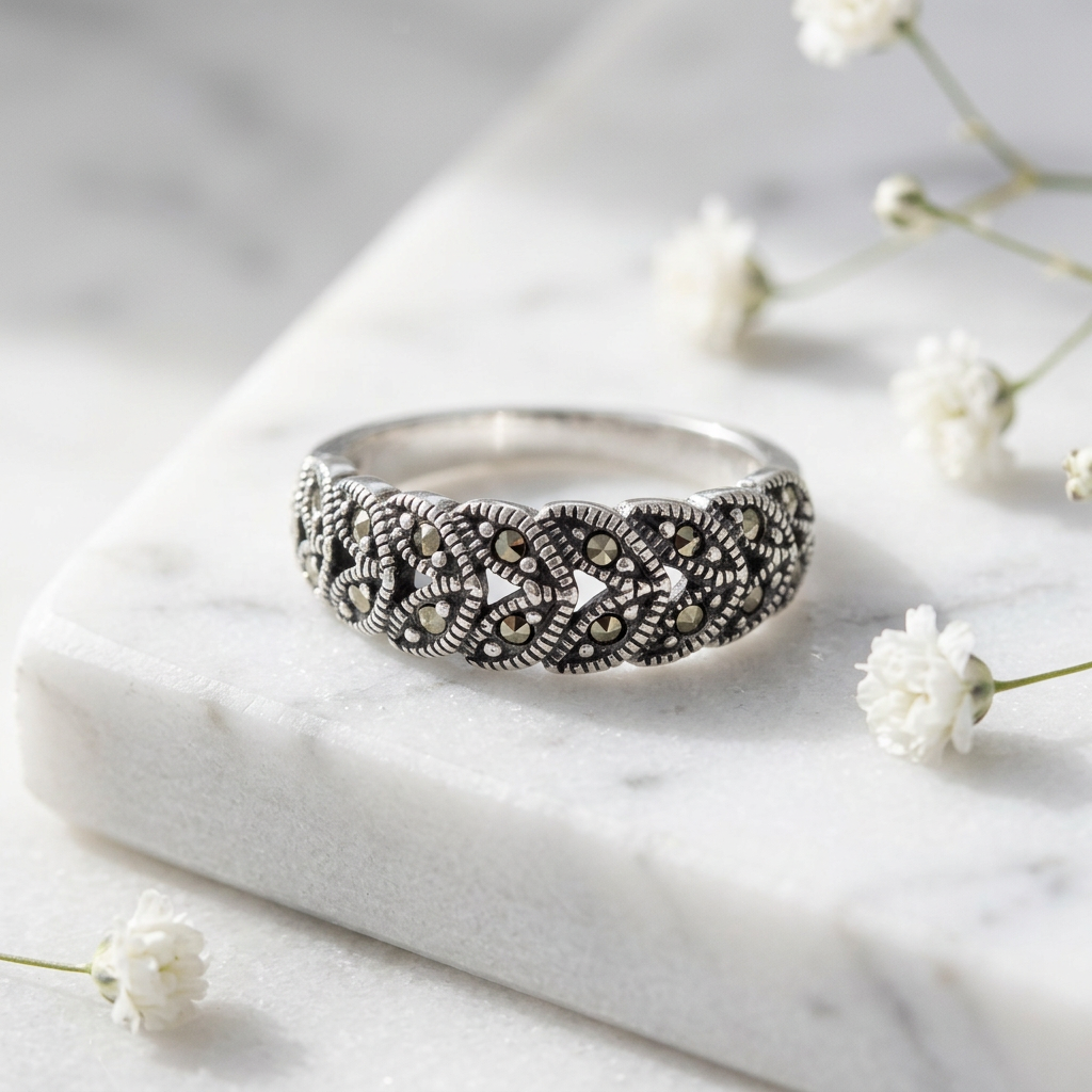 Sterling Silver 5.9mm Marcasite Braided Leaf Band Ring for Women life1