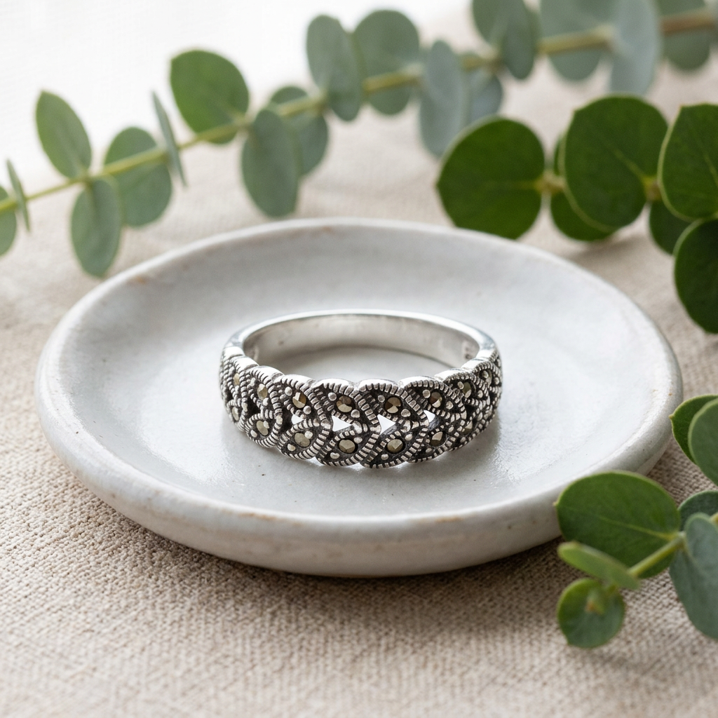 Sterling Silver 5.9mm Marcasite Braided Leaf Band Ring for Women life2