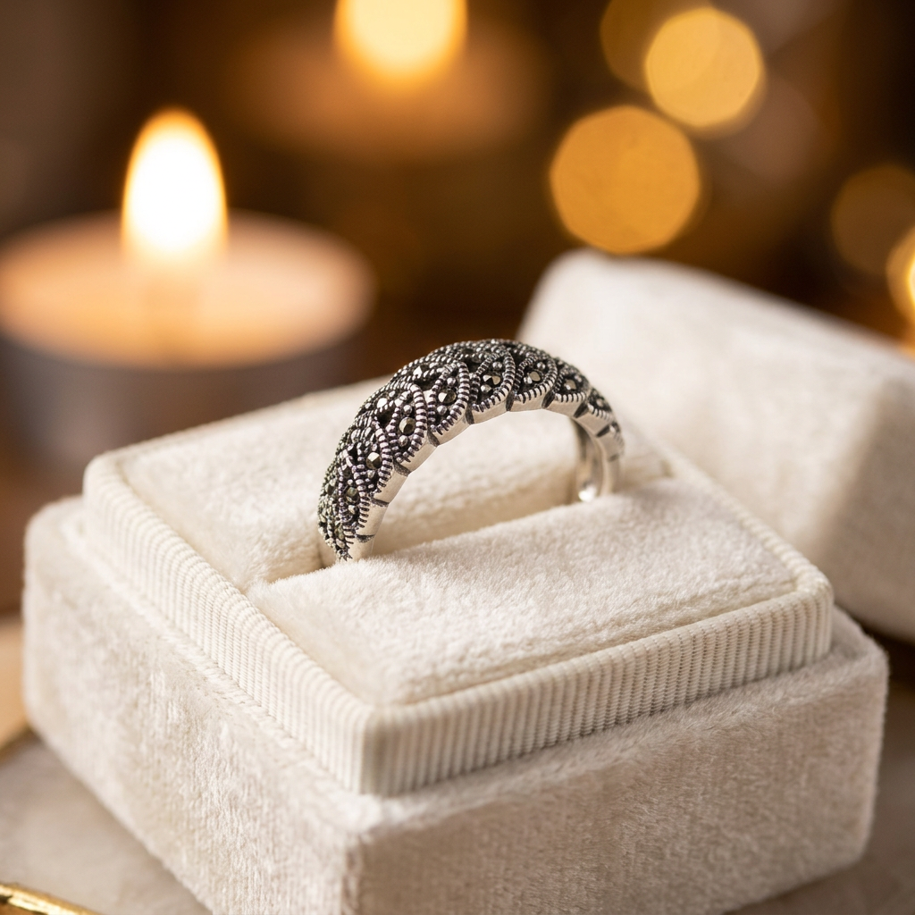 Sterling Silver 5.9mm Marcasite Braided Leaf Band Ring for Women life3