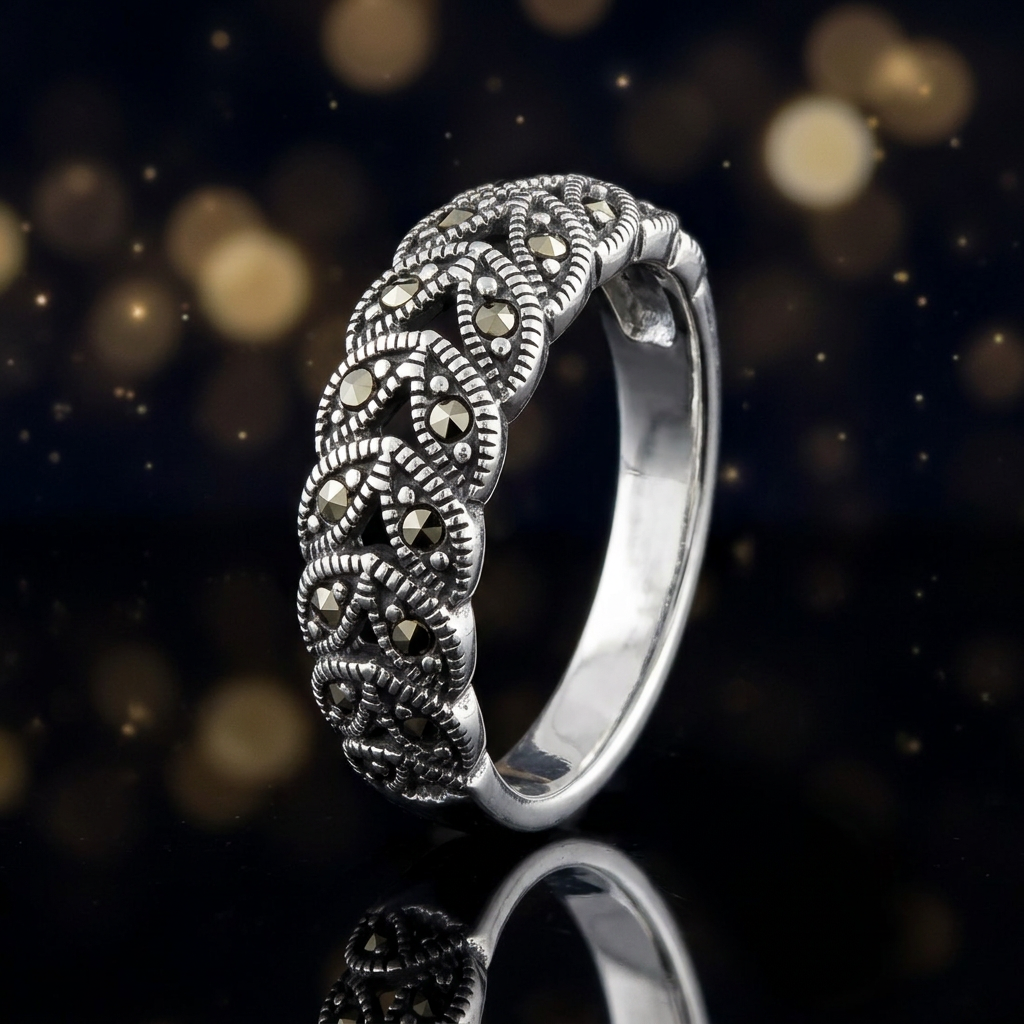 Sterling Silver 5.9mm Marcasite Braided Leaf Band Ring for Women life4