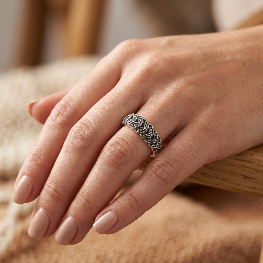 Sterling Silver 5.9mm Marcasite Braided Leaf Band Ring for Women model