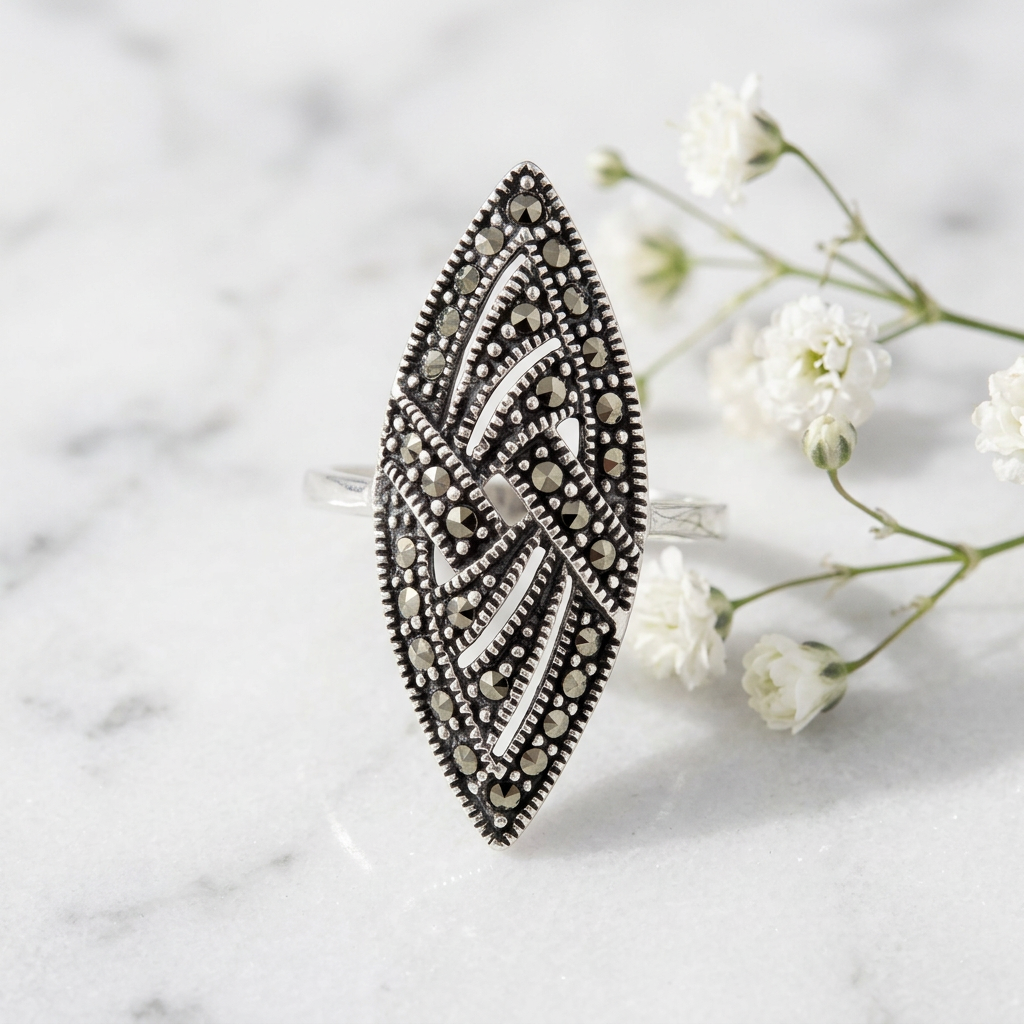 Sterling Silver Marcasite Woven Marquise Long Statement Ring for Women life1