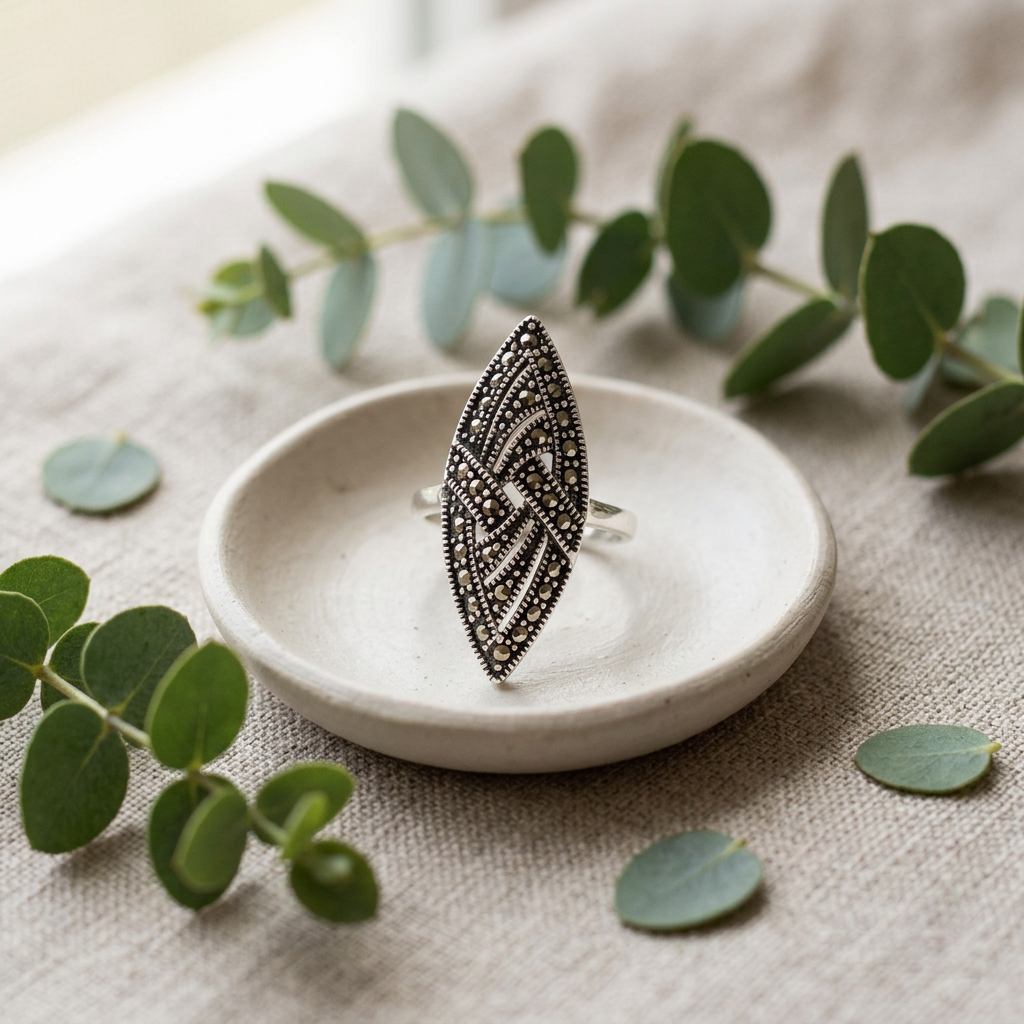 Sterling Silver Marcasite Woven Marquise Long Statement Ring for Women life2