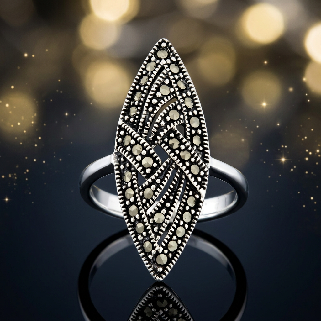 Sterling Silver Marcasite Woven Marquise Long Statement Ring for Women life4