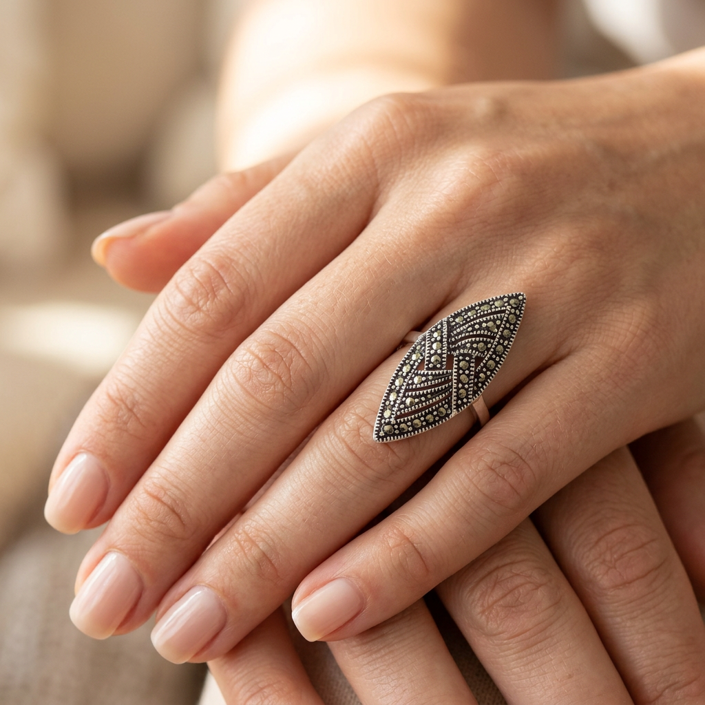 Sterling Silver Marcasite Woven Marquise Long Statement Ring for Women model