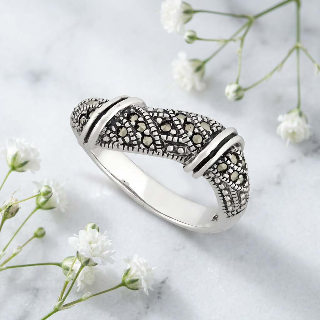 Sterling Silver 6.75mm Marcasite Twisted Wrap Freeform Ring for Women life1