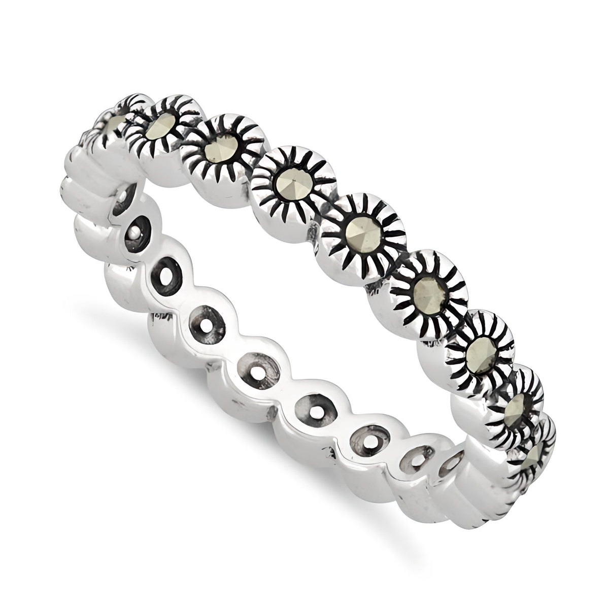 Sterling Silver Marcasite Sunburst Eternity Stackable Band Ring for Women