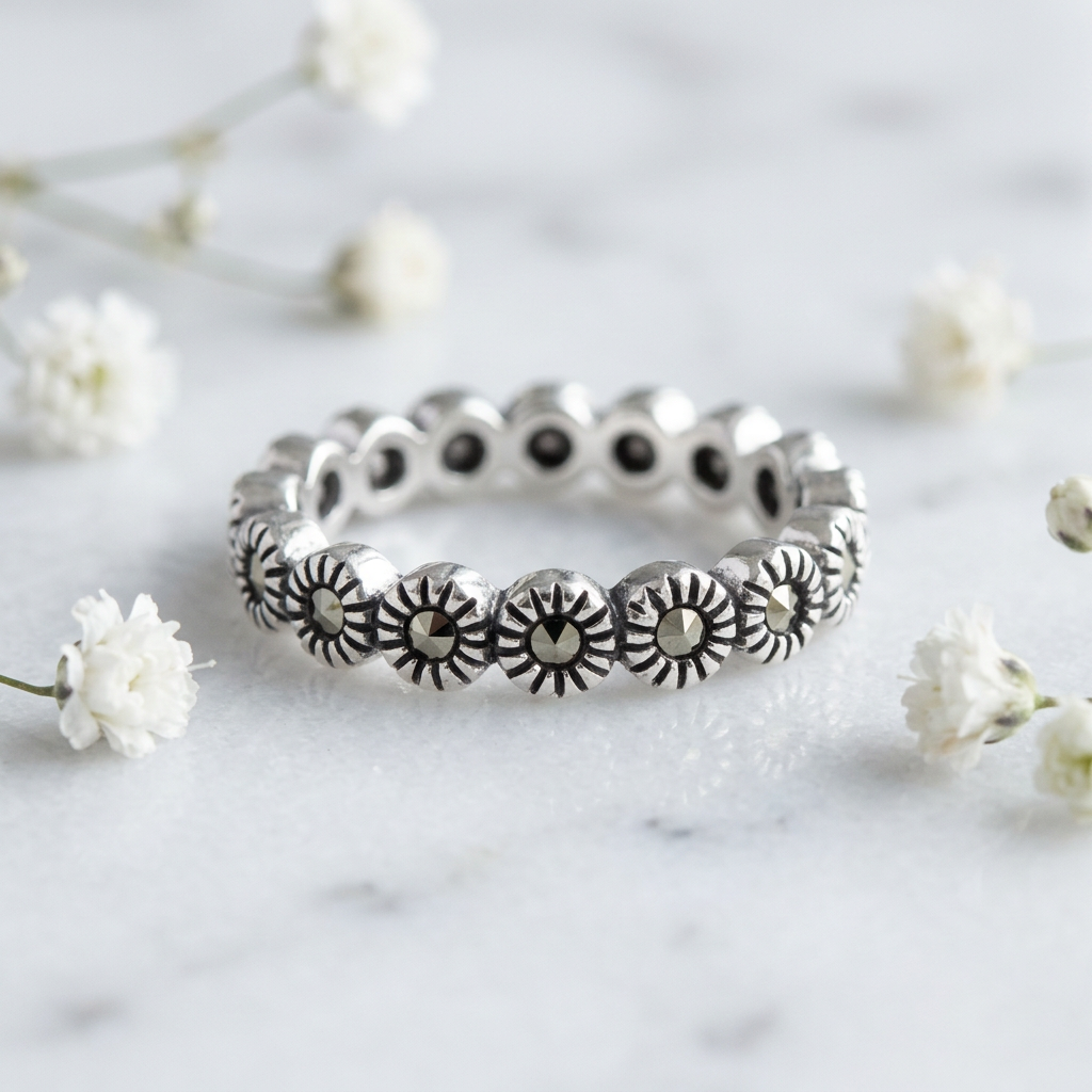 Sterling Silver Marcasite Sunburst Eternity Stackable Band Ring for Women life1