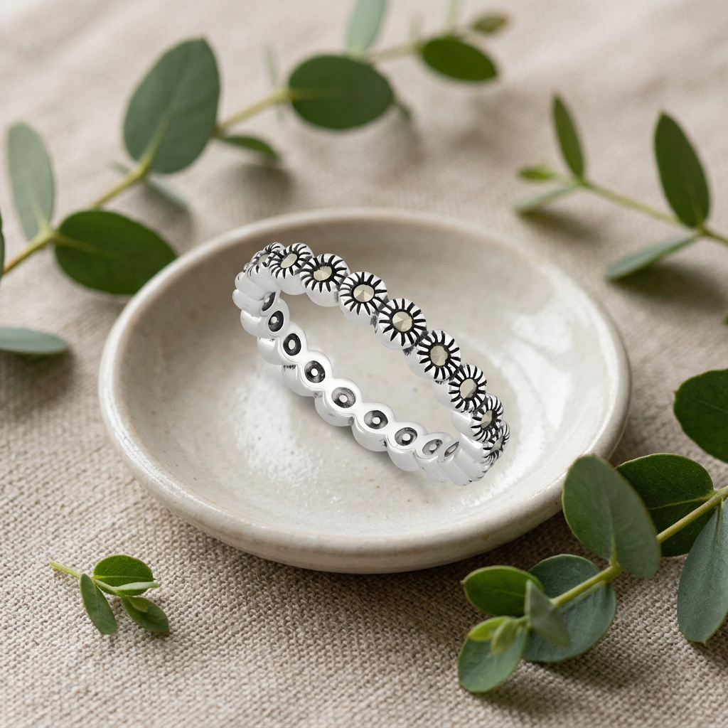 Sterling Silver Marcasite Sunburst Eternity Stackable Band Ring for Women life2