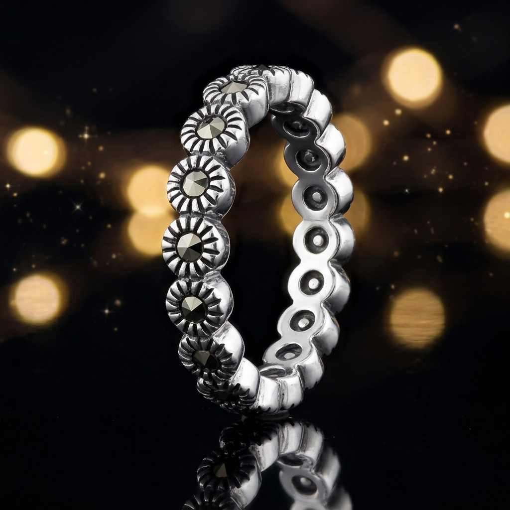 Sterling Silver Marcasite Sunburst Eternity Stackable Band Ring for Women life4