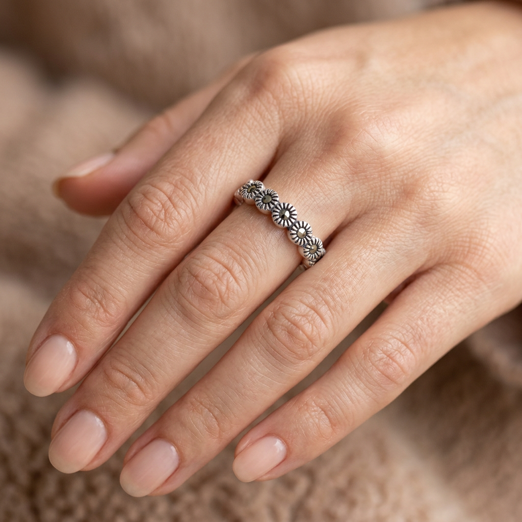 Sterling Silver Marcasite Sunburst Eternity Stackable Band Ring for Women model