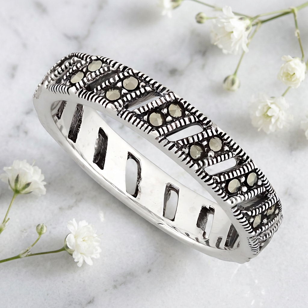 Sterling Silver 4mm Marcasite Diagonal Openwork Eternity Ring for Women life1