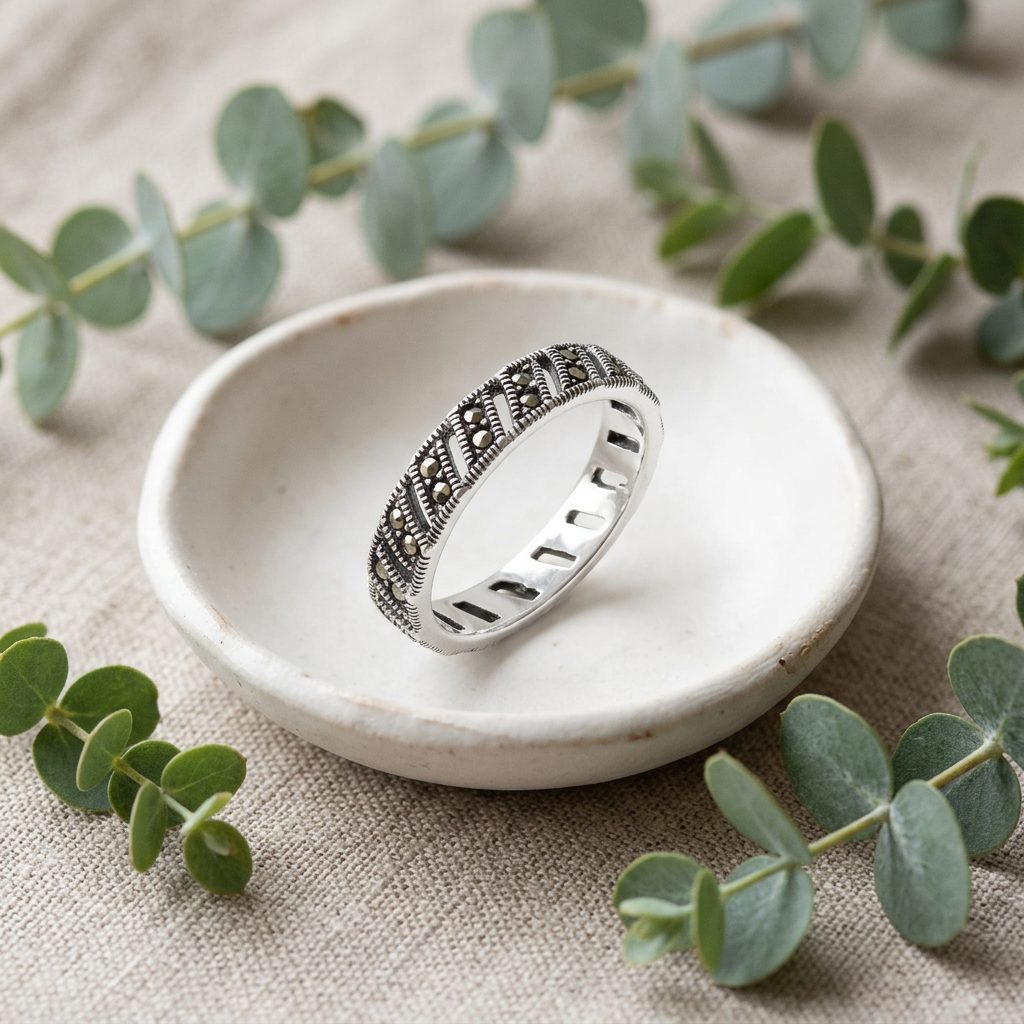 Sterling Silver 4mm Marcasite Diagonal Openwork Eternity Ring for Women life2