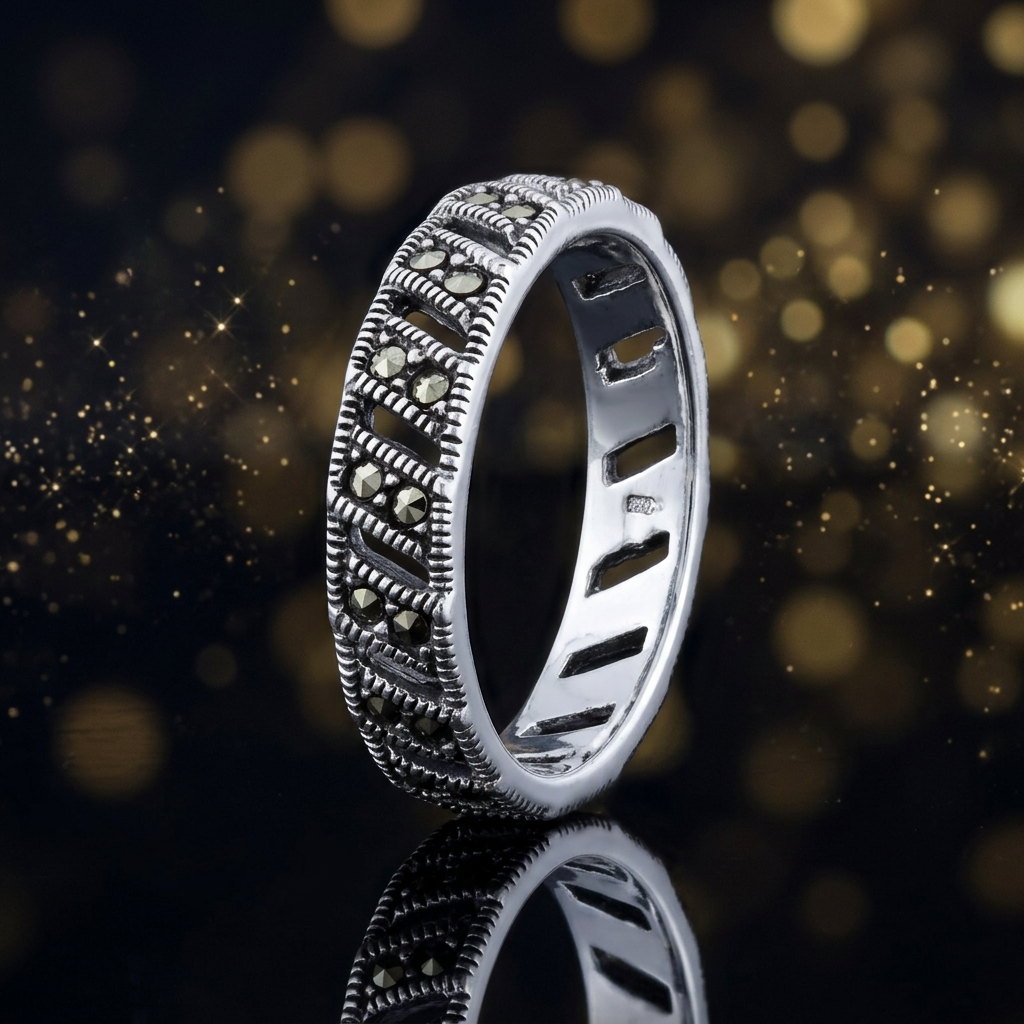 Sterling Silver 4mm Marcasite Diagonal Openwork Eternity Ring for Women life4