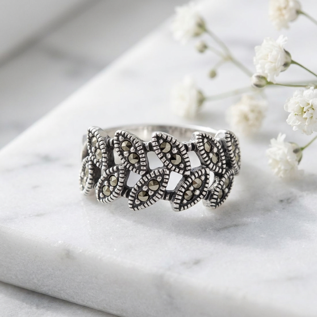 Sterling Silver 6mm Marcasite Leaf Vine Openwork Ring for Women life1