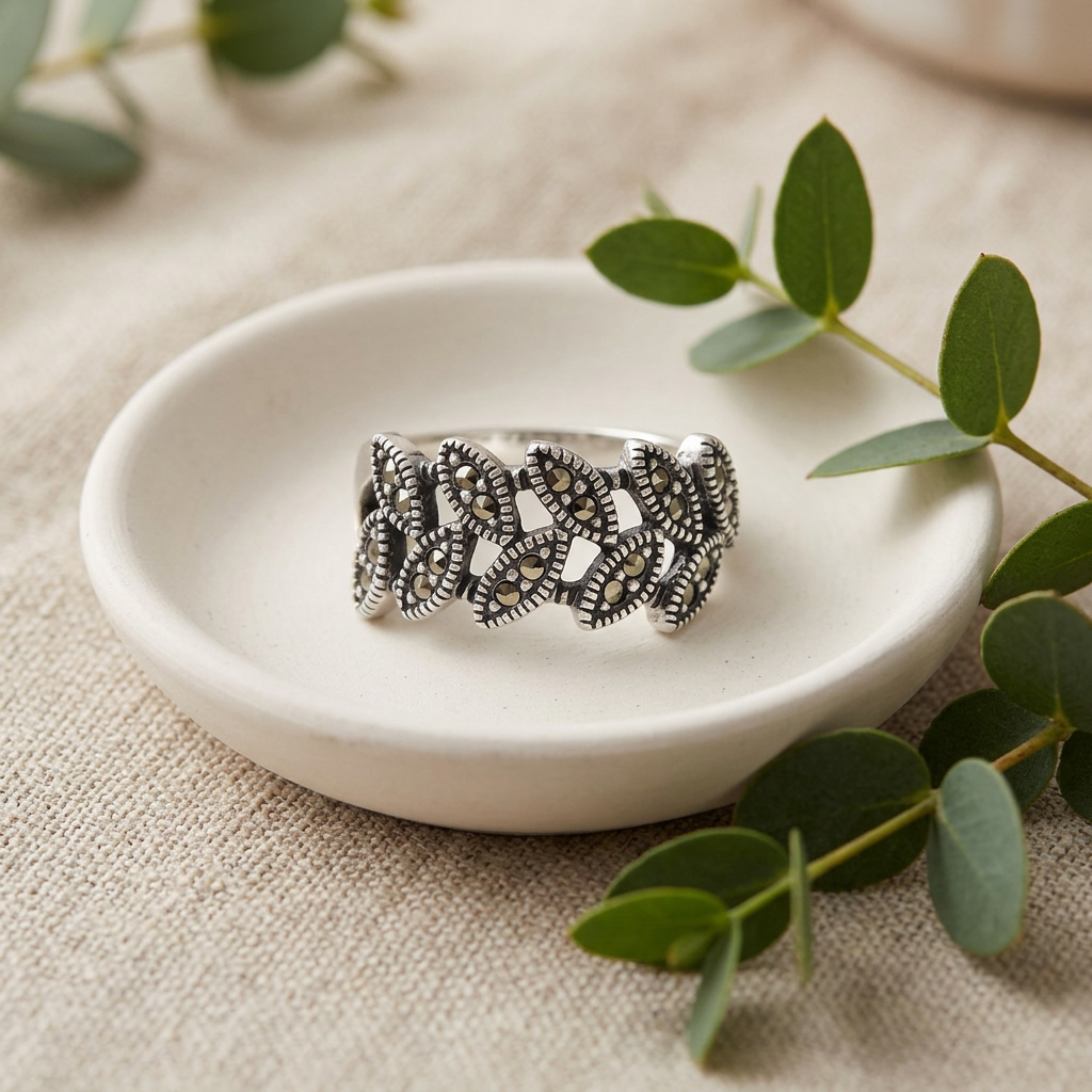 Sterling Silver 6mm Marcasite Leaf Vine Openwork Ring for Women life2