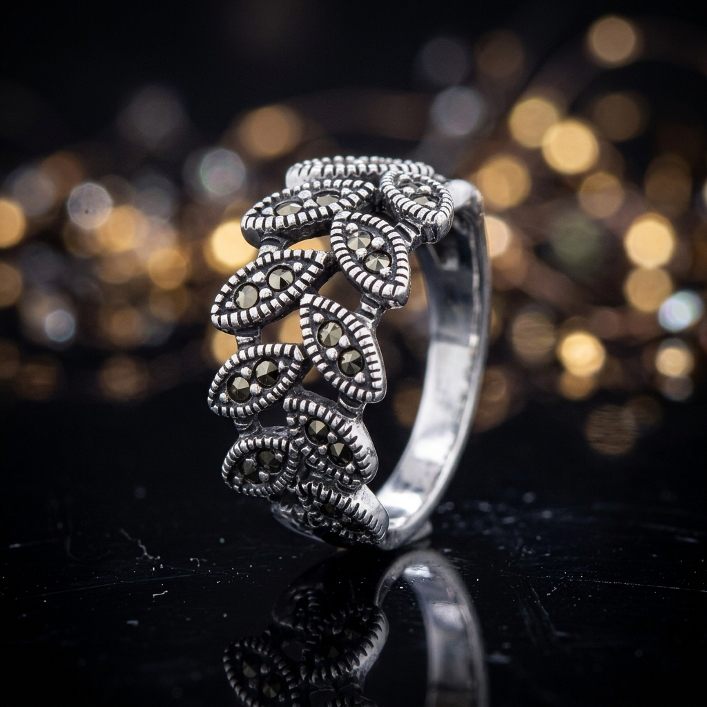 Sterling Silver 6mm Marcasite Leaf Vine Openwork Ring for Women life4