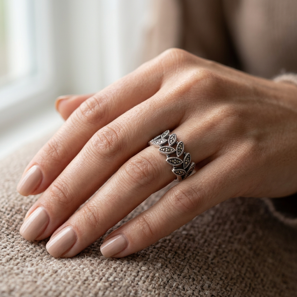 Sterling Silver 6mm Marcasite Leaf Vine Openwork Ring for Women model
