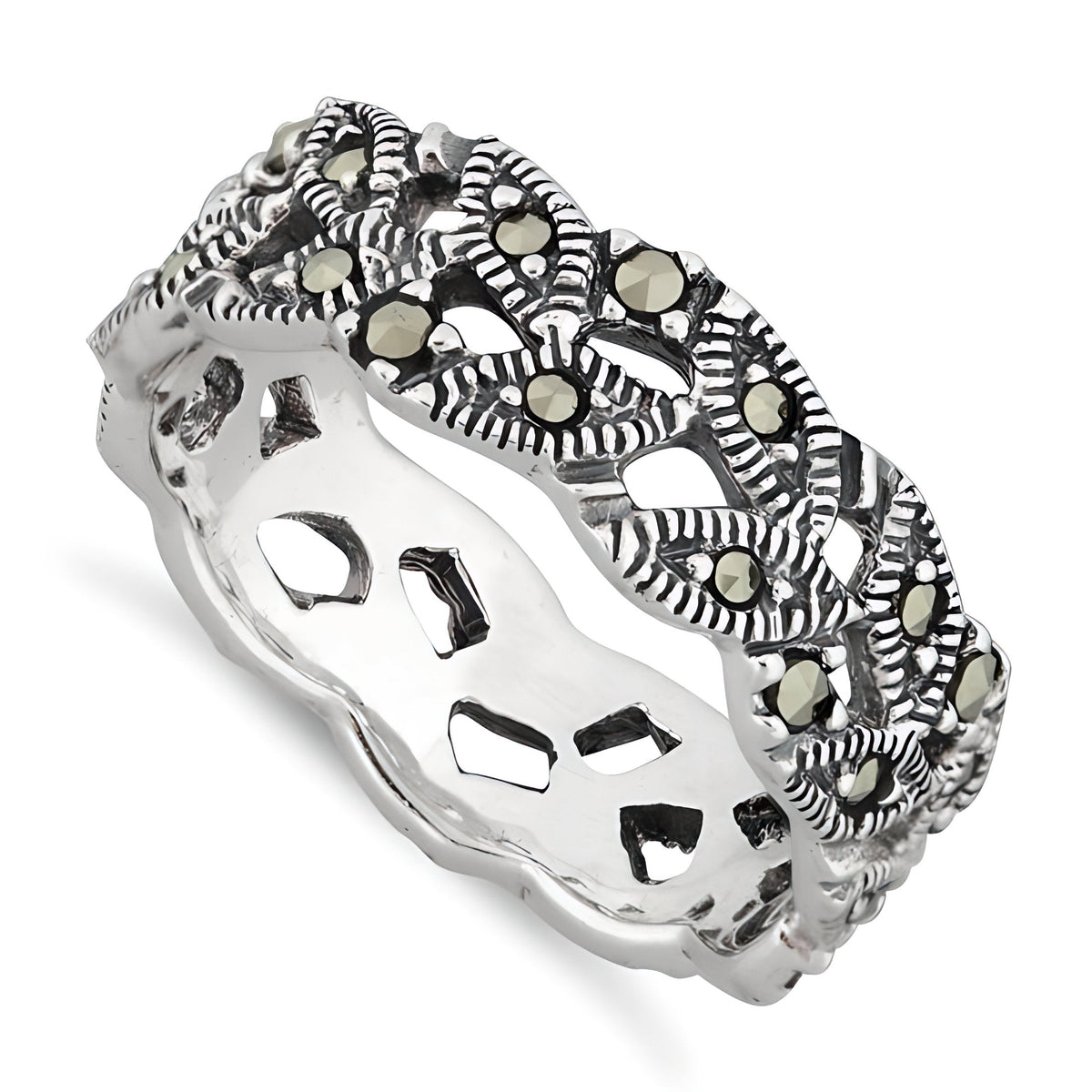 Sterling Silver 6.5mm Marcasite Woven Marquise Openwork Eternity Band Ring for Women