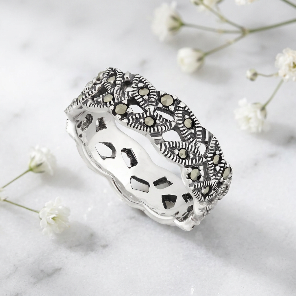 Sterling Silver 6.5mm Marcasite Woven Marquise Openwork Eternity Band Ring for Women life1