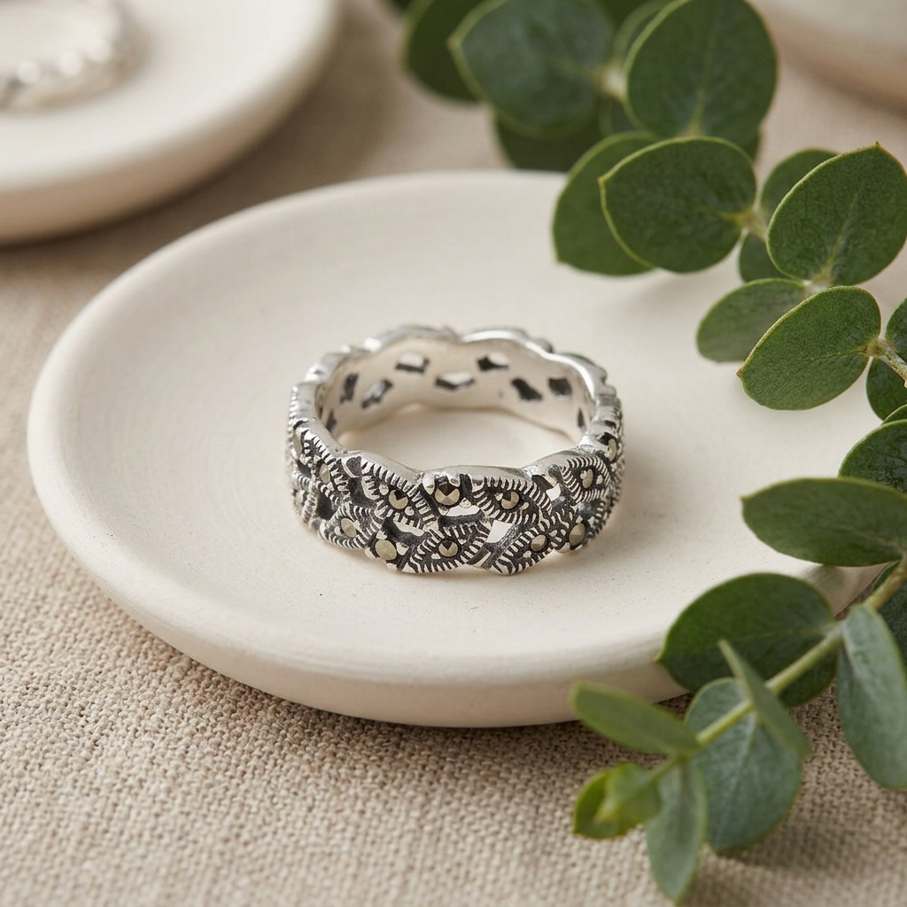 Sterling Silver 6.5mm Marcasite Woven Marquise Openwork Eternity Band Ring for Women life2