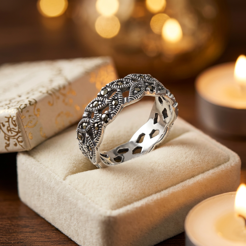Sterling Silver 6.5mm Marcasite Woven Marquise Openwork Eternity Band Ring for Women life3