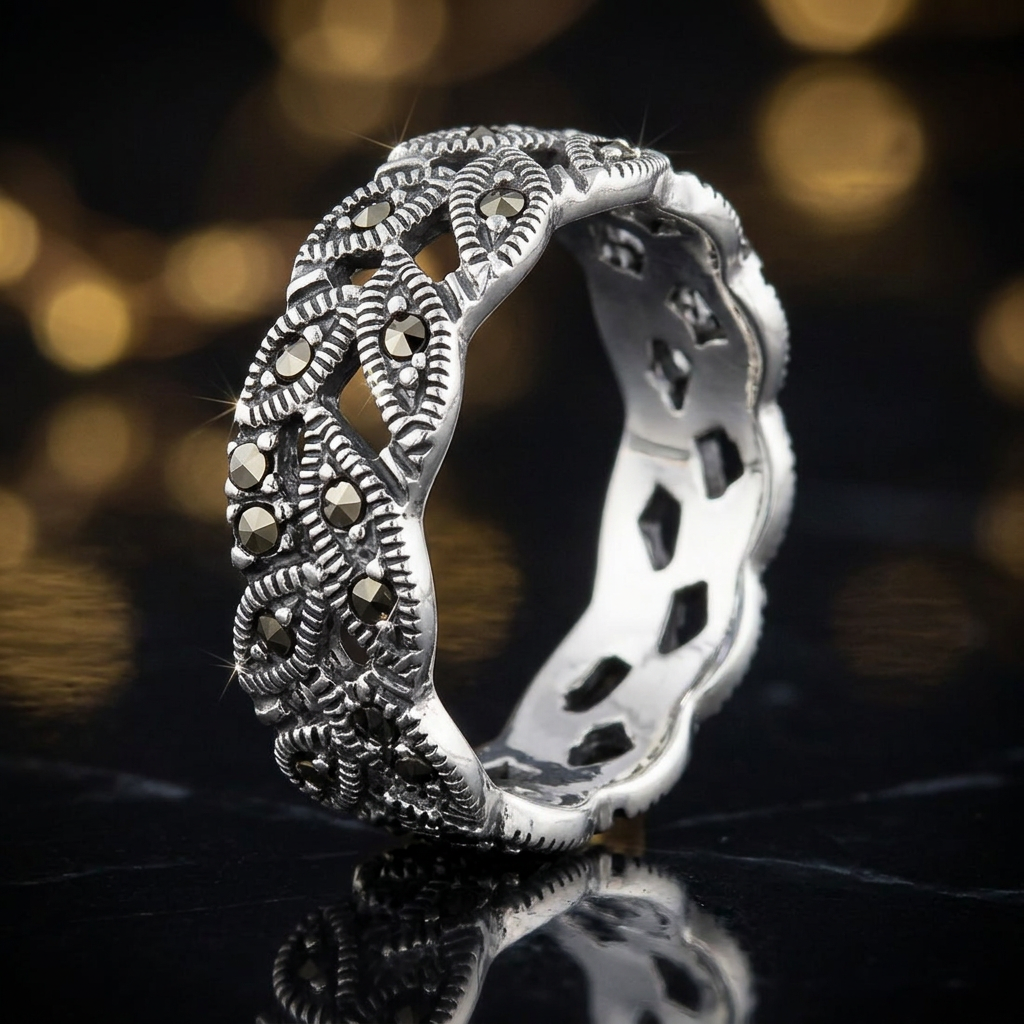 Sterling Silver 6.5mm Marcasite Woven Marquise Openwork Eternity Band Ring for Women life4