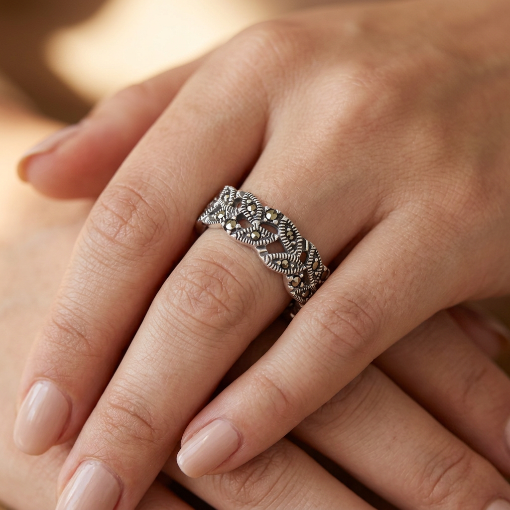 Sterling Silver 6.5mm Marcasite Woven Marquise Openwork Eternity Band Ring for Women model