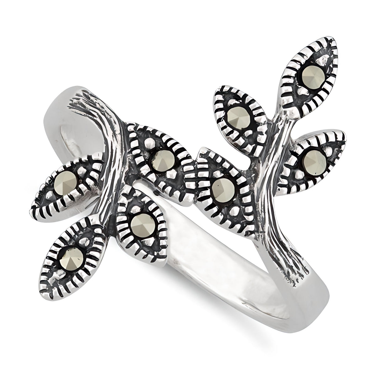 Sterling Silver 3mm Marcasite Leaf Branch Bypass Statement Ring for Women