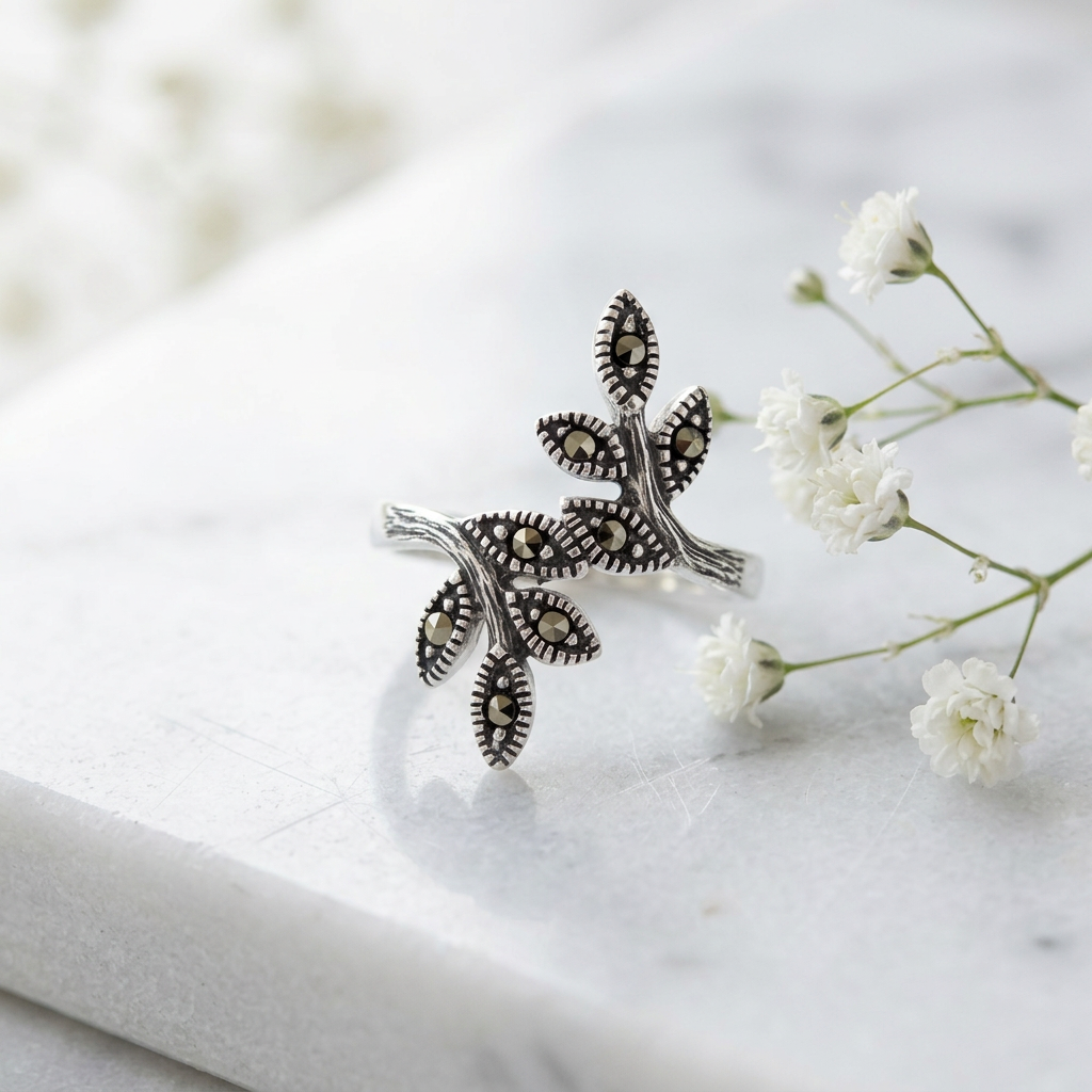Sterling Silver 3mm Marcasite Leaf Branch Bypass Statement Ring for Women life1